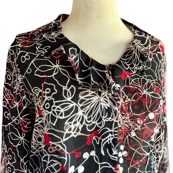 Vintage Long Sleeve Shirt Medium Red Black Sheer Flowy Business Casual Indie - Picture 2 of 7